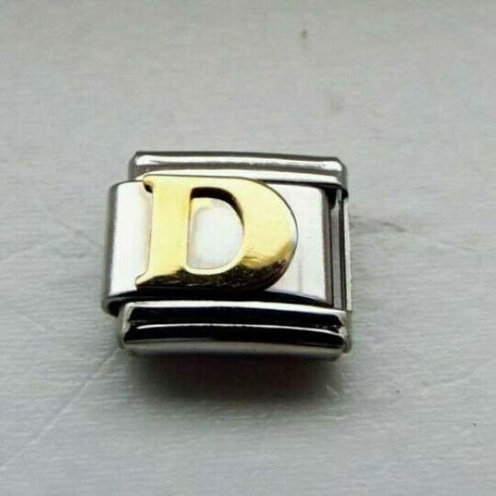 Raised gold metal letter D 9mm stainless steel Italian charm bracelet link new